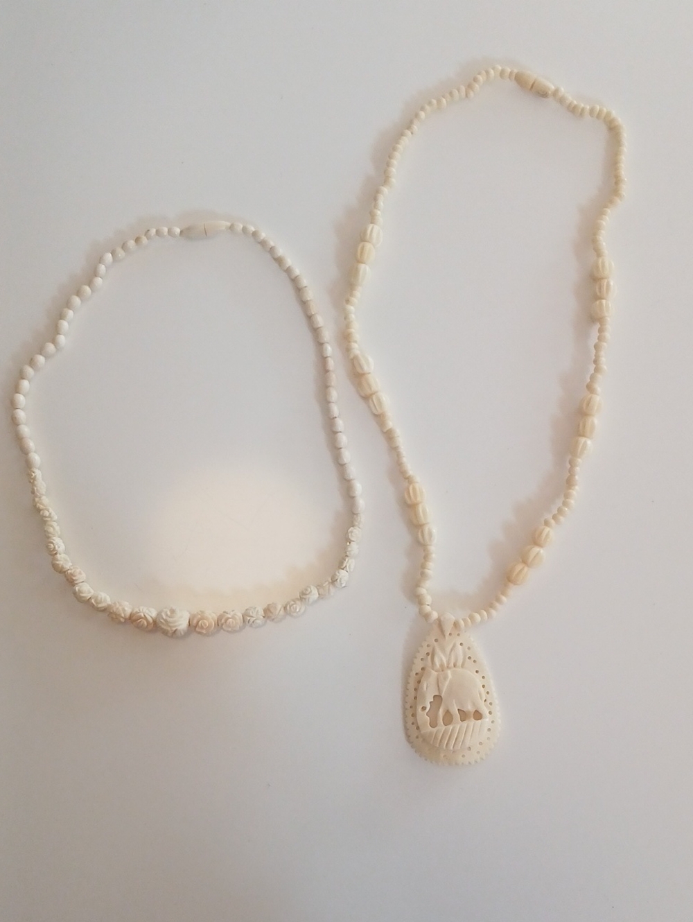 Handmade Cream Bead Necklace with Carved Pendant - Women Jewelry